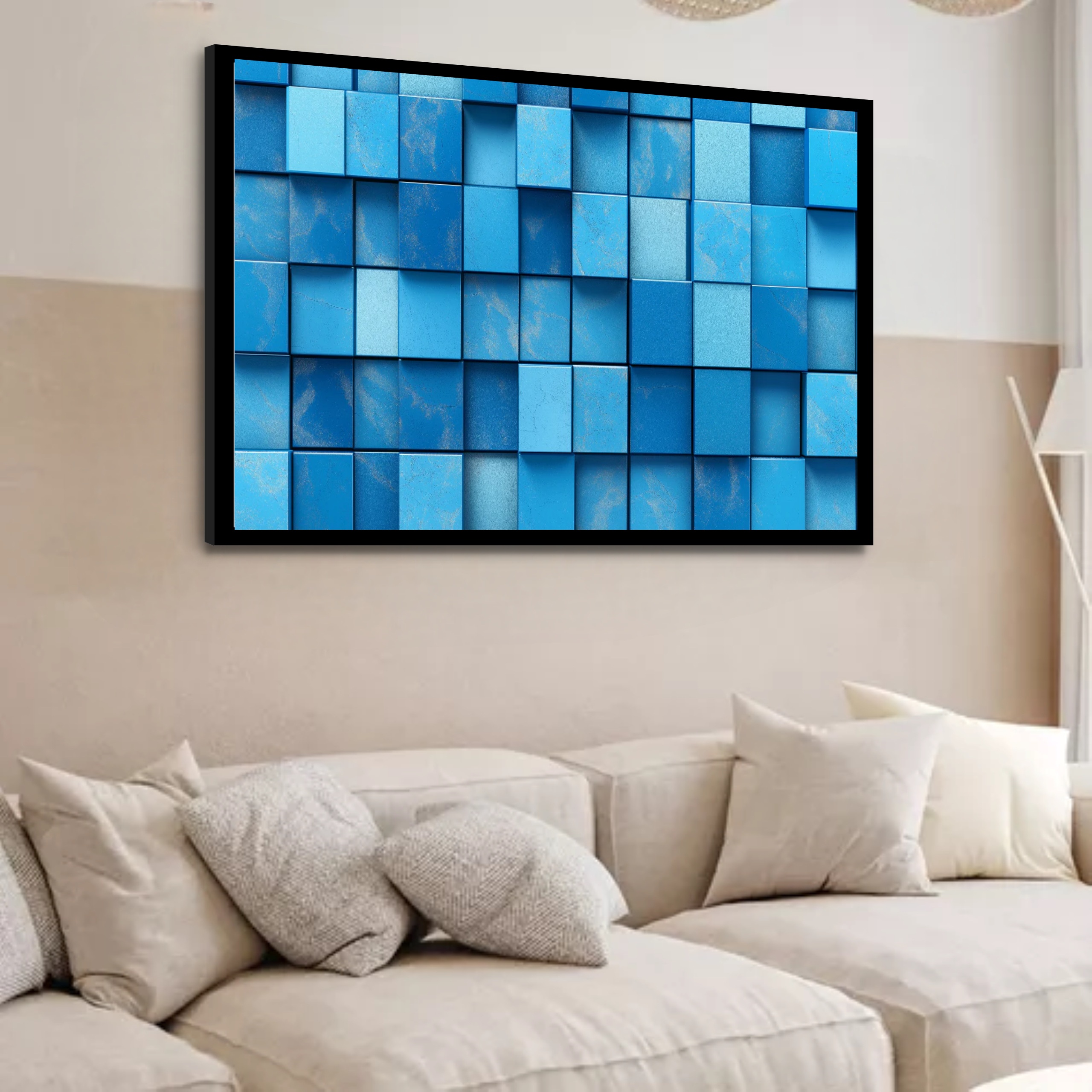 Quadro Decorativo Cubos Azuis Geométrico Abstrato 50x70 cm