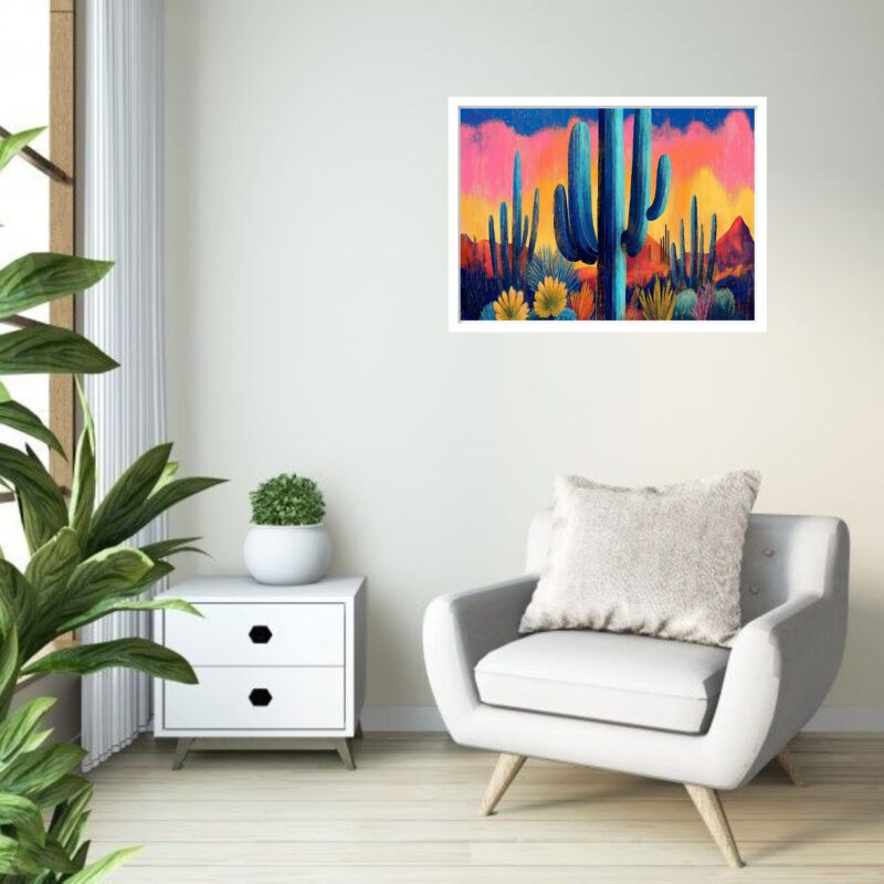 Quadro Decorativo Deserto Cactos Vibrantes - 50x70 cm