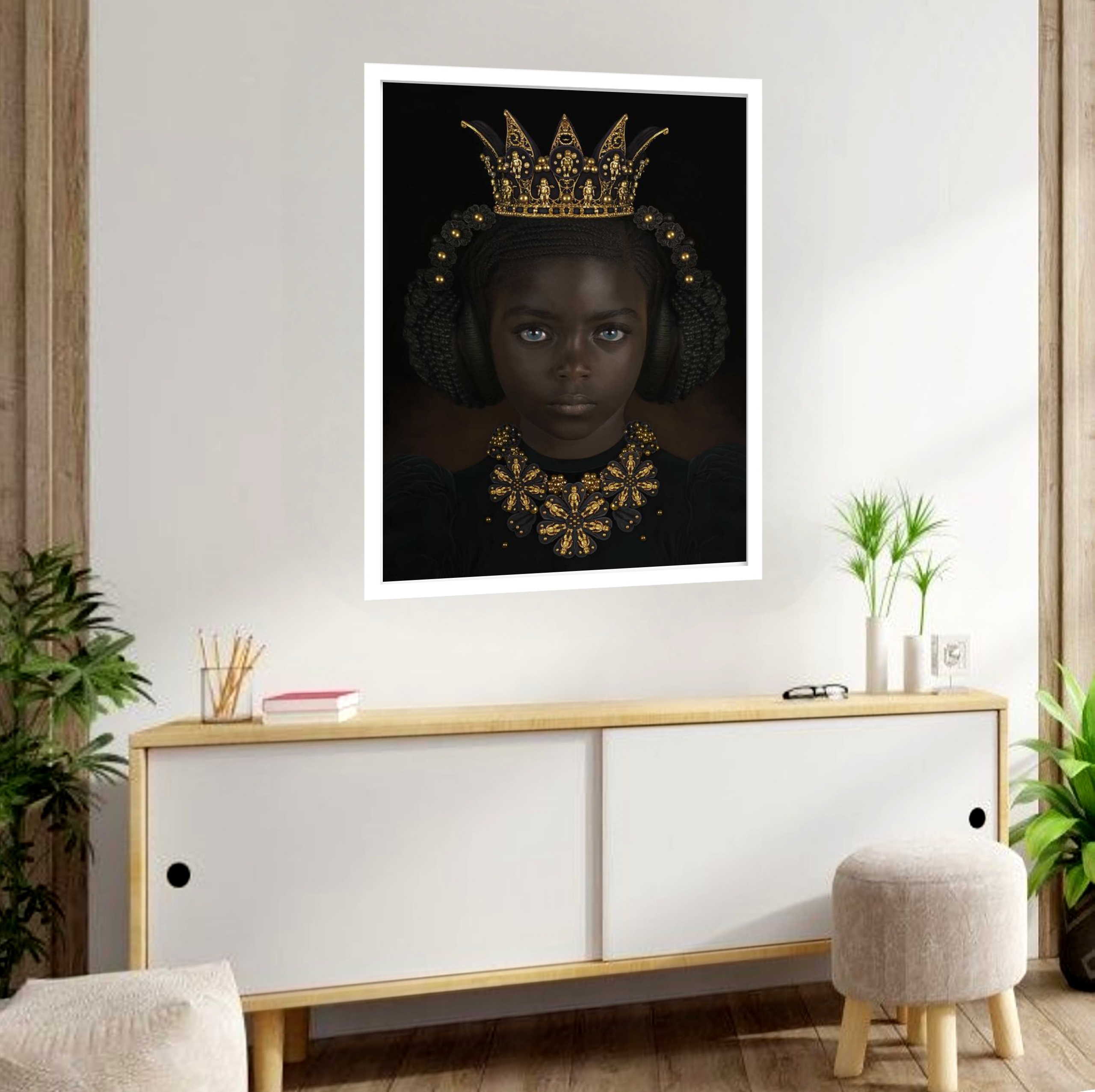 Quadro Decorativo Garotinha Fone Coroa - 70x50 cm