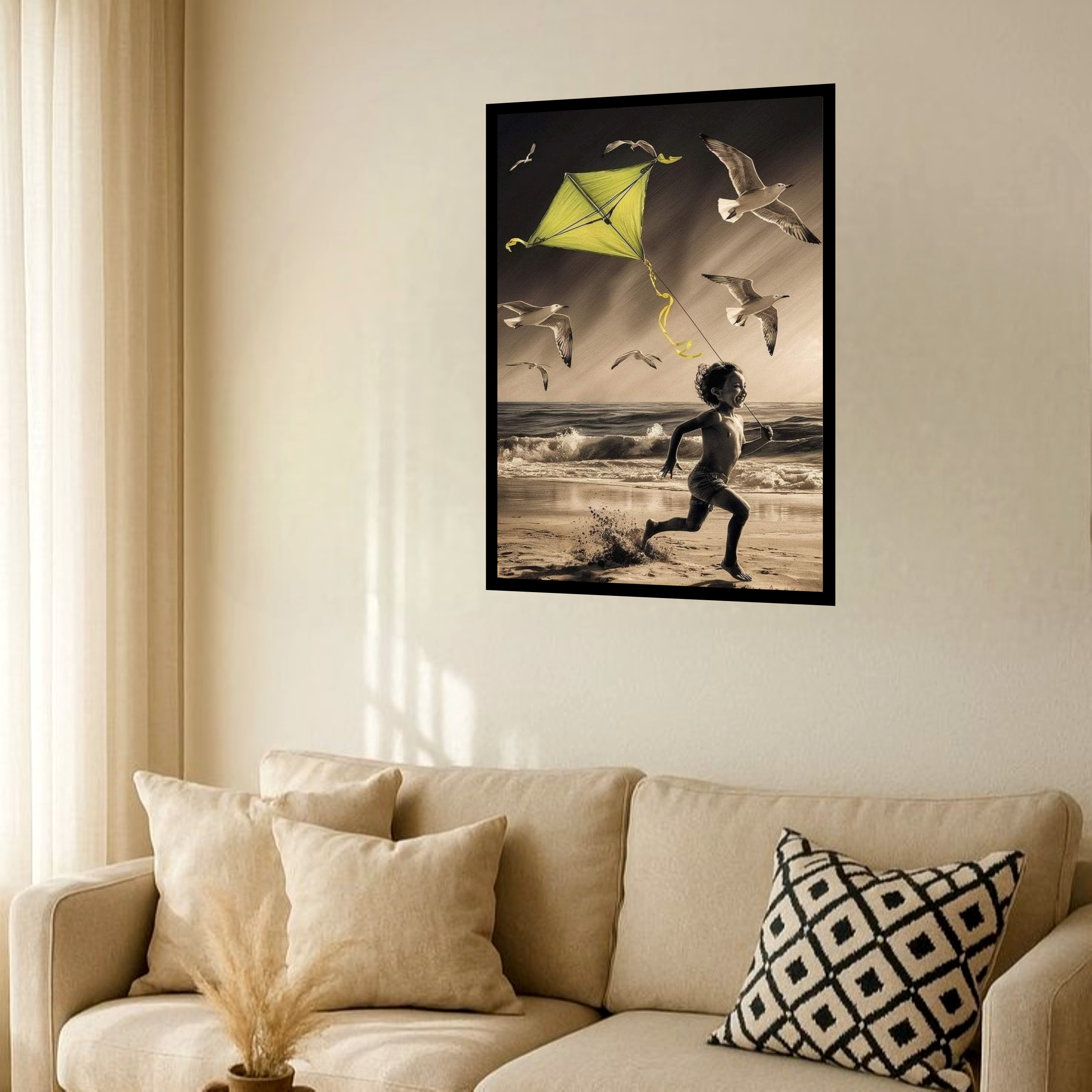 Quadro Decorativo Garoto Pipa Praia Pássaros - 70x50 cm