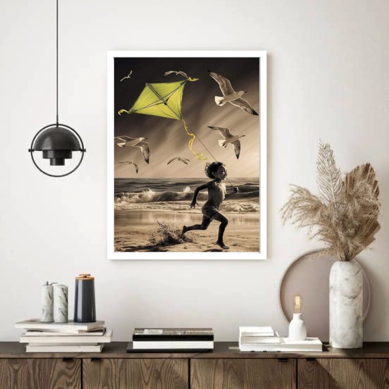 Quadro Decorativo Garoto Pipa Praia Pássaros - 70x50 cm