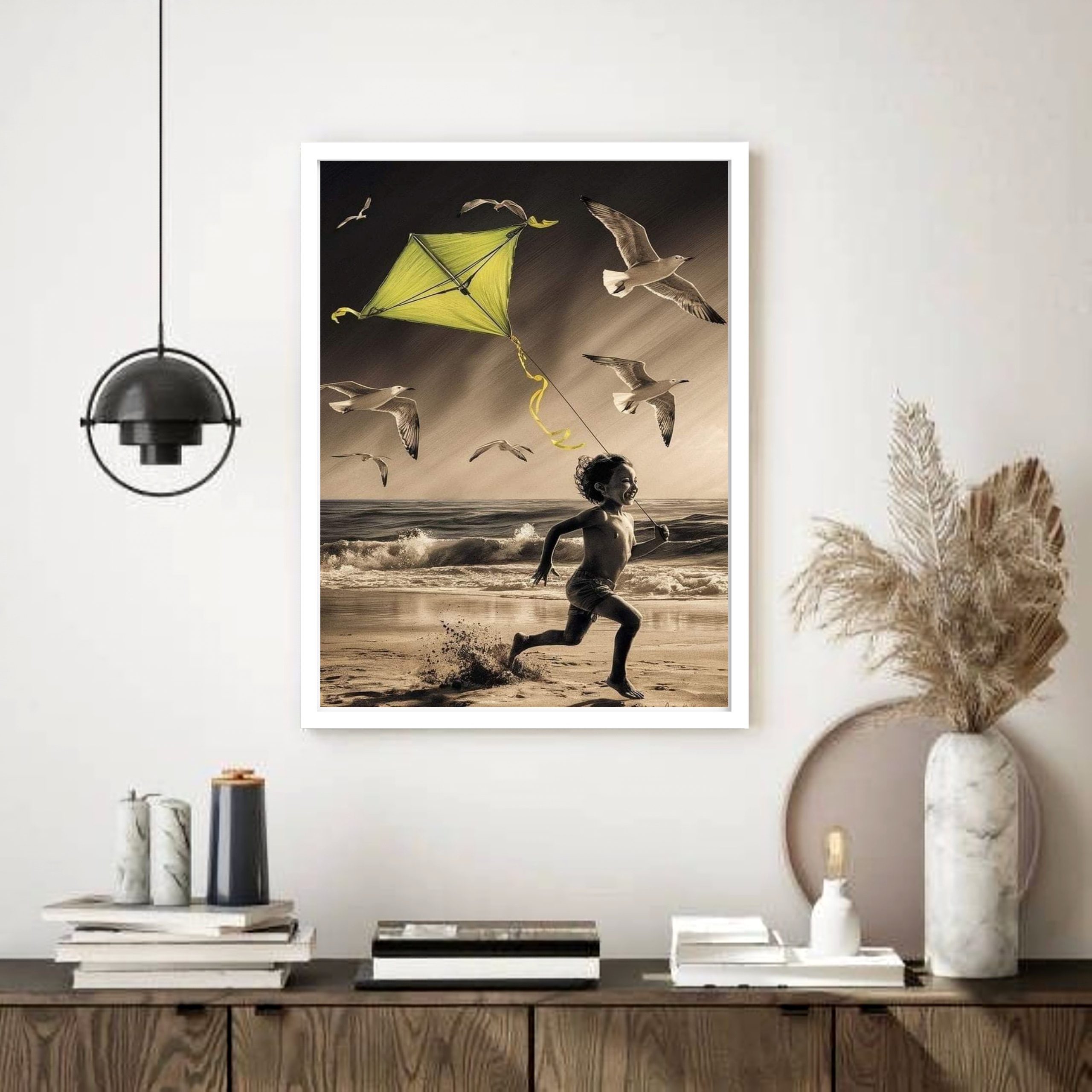 Quadro Decorativo Garoto Pipa Praia Pássaros - 70x50 cm