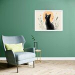Quadro Decorativo Gato Preto Sol Flores - 50x70 cm