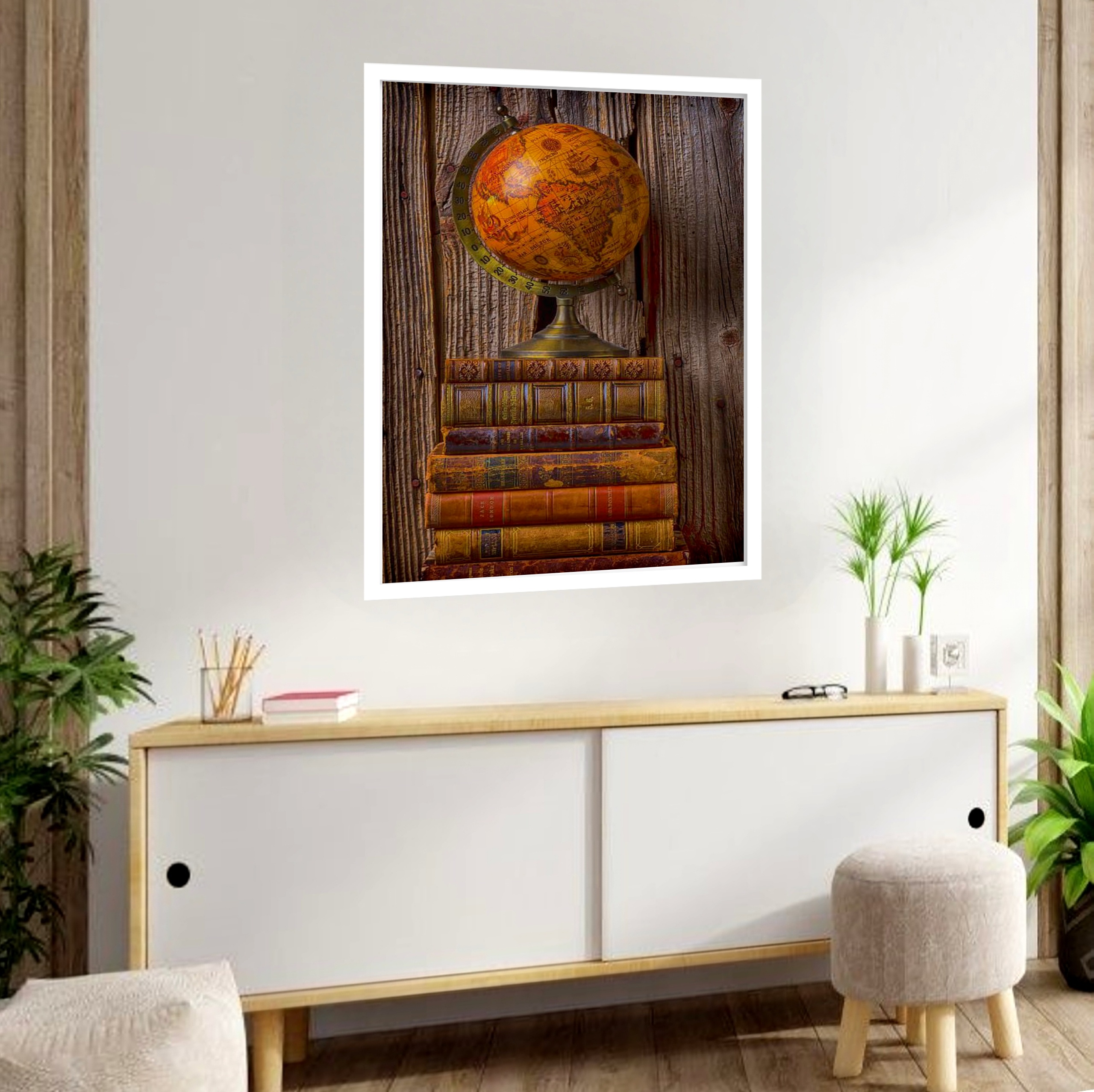 Quadro Decorativo Globo Livros Antigos - 70x50 cm