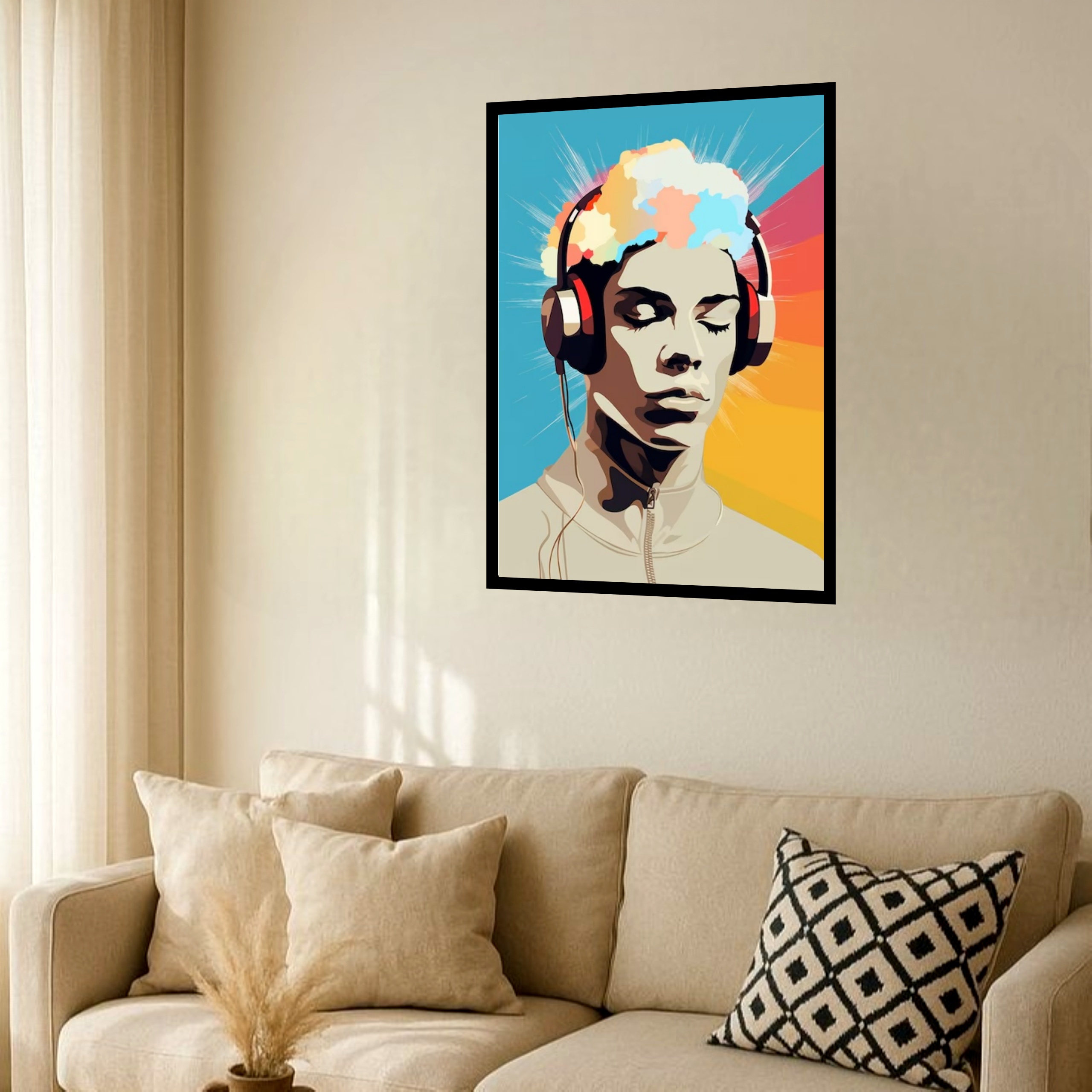 Quadro Decorativo Jovem Fone de Ouvido Arte - 70x50 cm