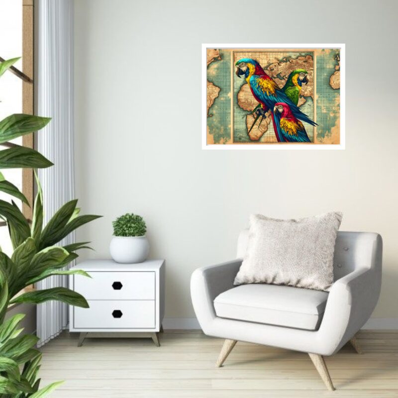 Quadro Decorativo Mapa-Múndi Araras Vintage - 50x70 cm