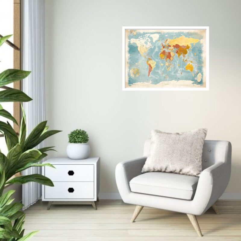Quadro Decorativo Mapa-Múndi Vintage Colorido - 50x70 cm
