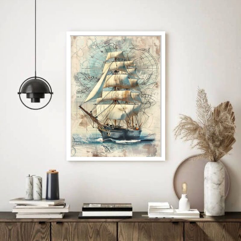 Quadro Decorativo Navio Bússola Mapa - 70x50 cm