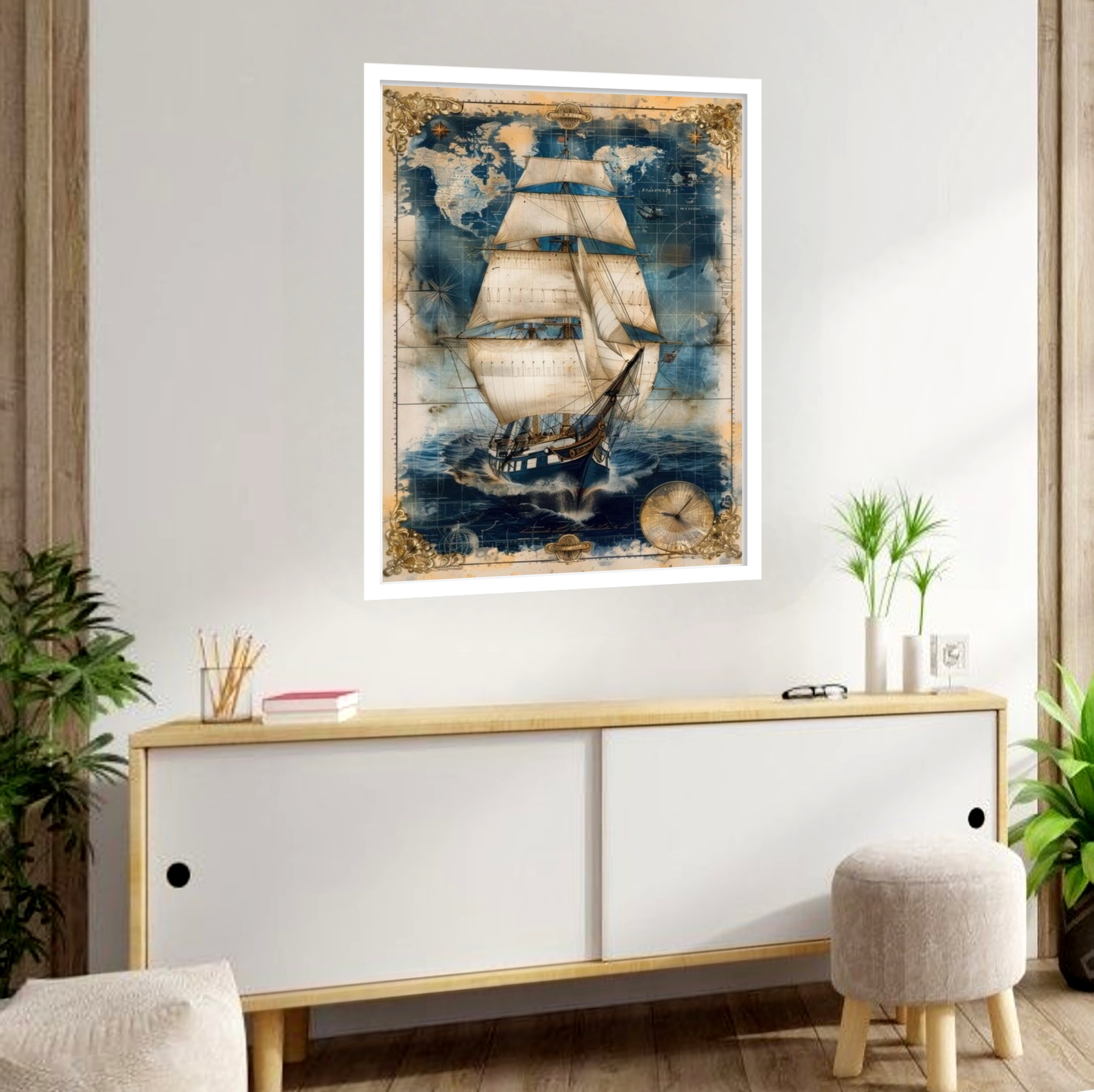 Quadro Decorativo Navio Mapa Vintage - 70x50 cm