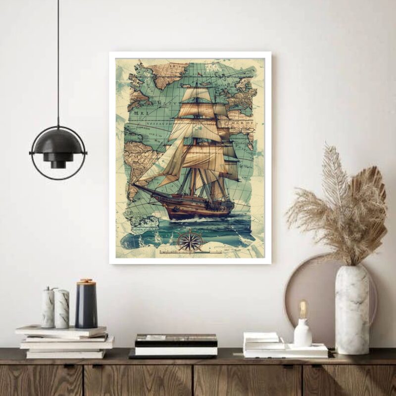 Quadro Decorativo Navio Mapa Vintage - 70x50 cm