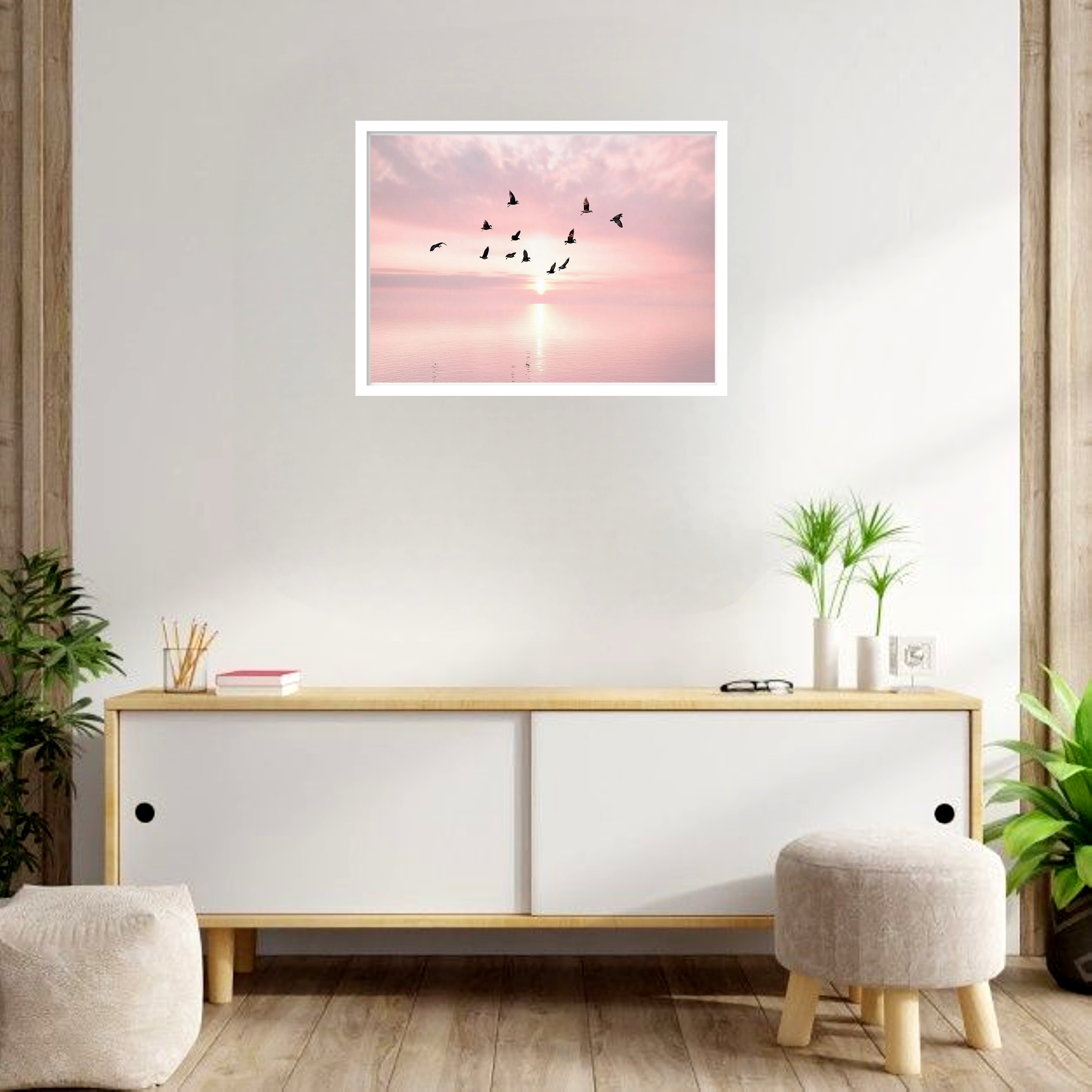 Quadro Decorativo Pássaros Céu Rosa - 50x70 cm