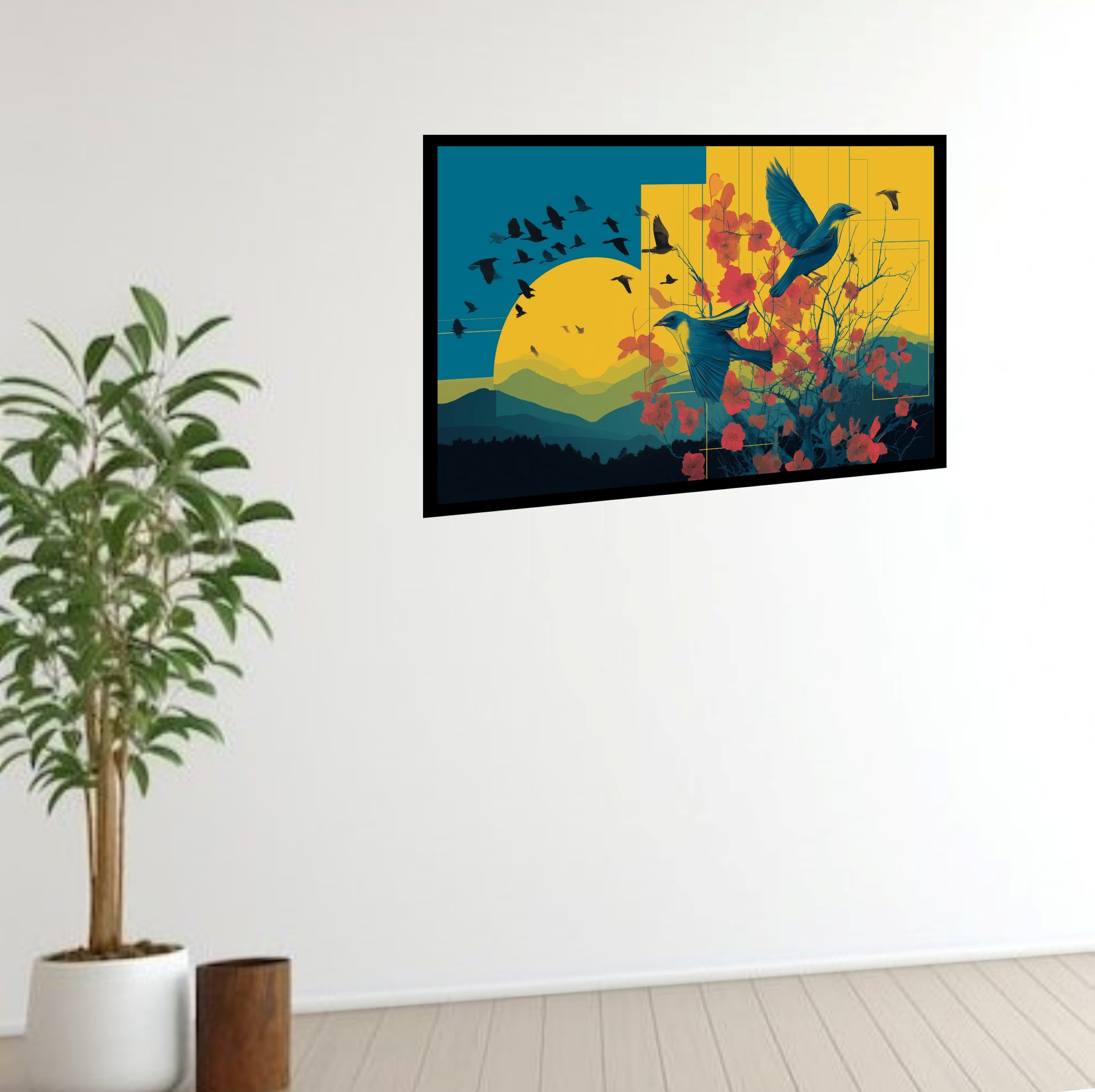 Quadro Decorativo Pássaros Flores Abstrato - 50x70 cm