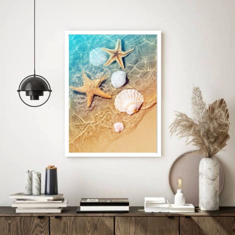 Quadro Decorativo Praia Estrelas do Mar Conchas - 70x50 cm