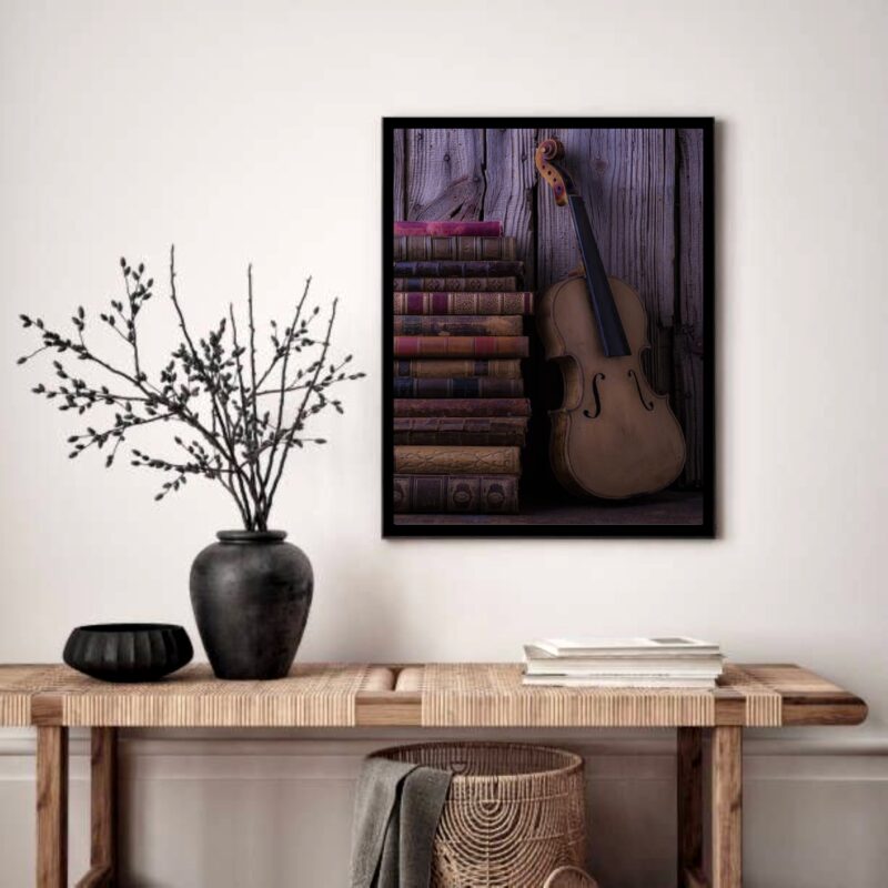 Quadro Decorativo Violino Livros Antigos - 70x50 cm