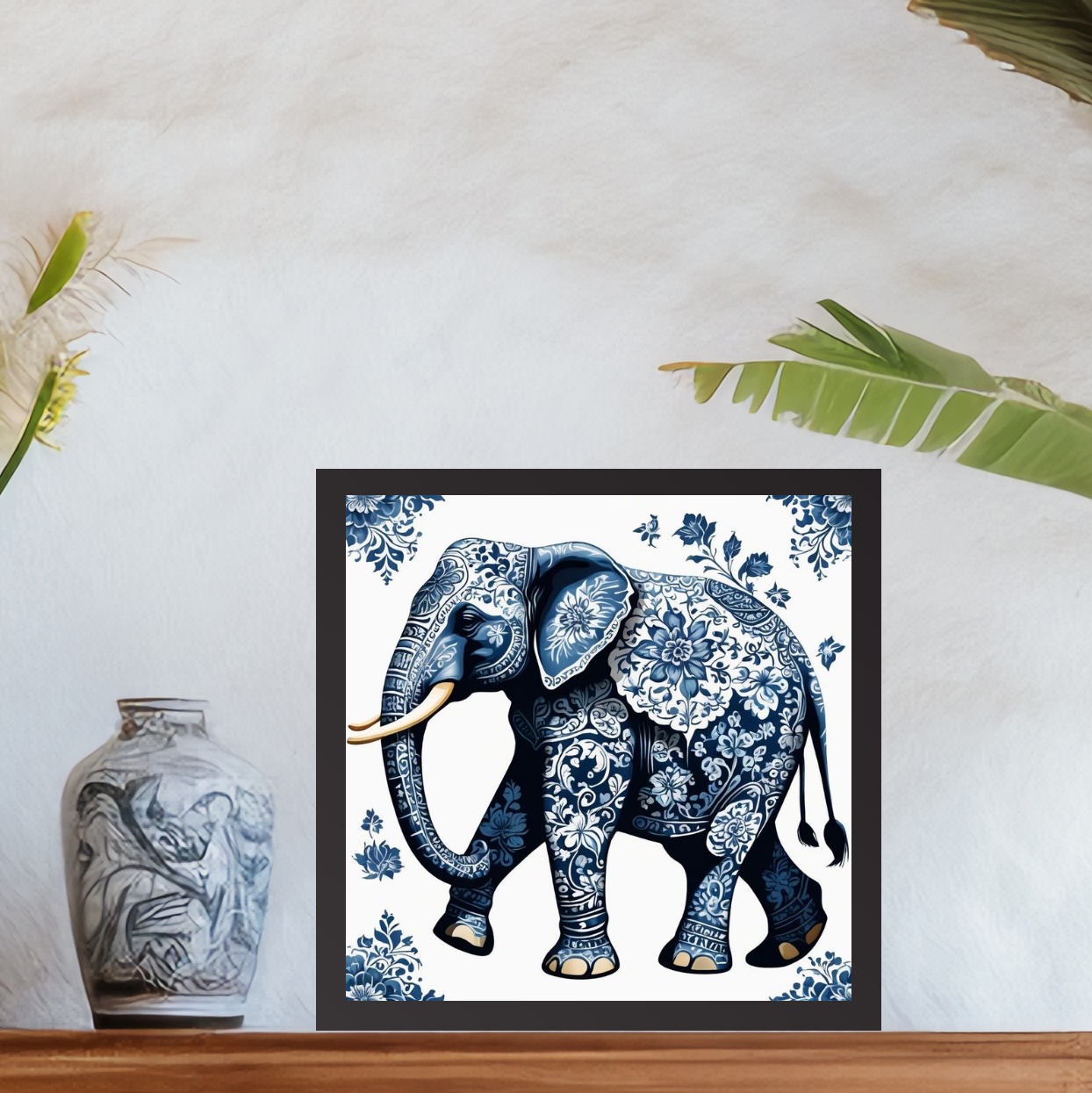 Quadro Elefante Estilo Azulejo Português - 33x33 Cm