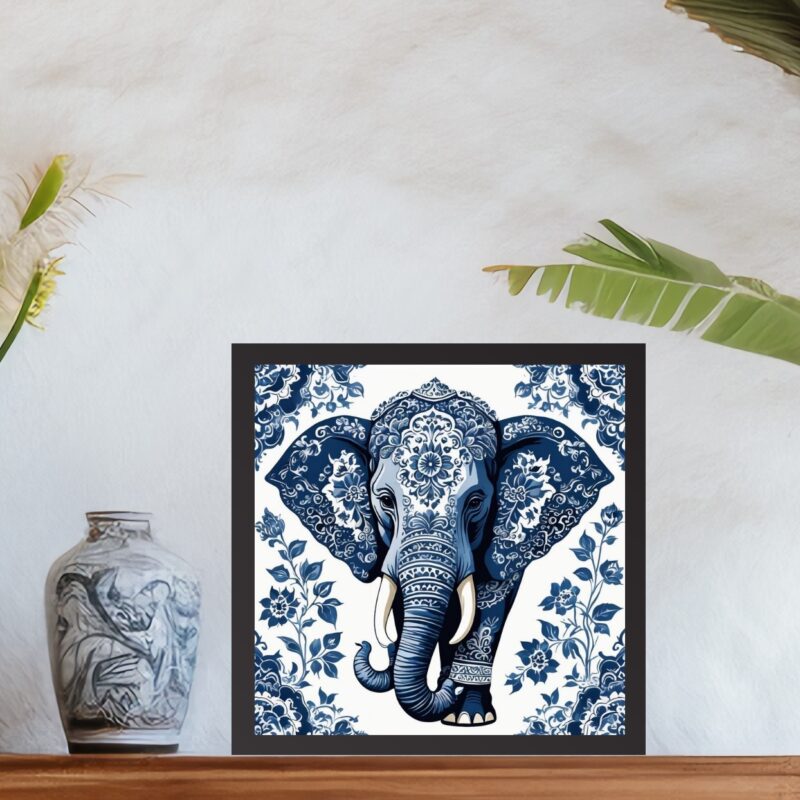 Quadro Elefante Floral Estilo Azulejo Português - 33x33 Cm