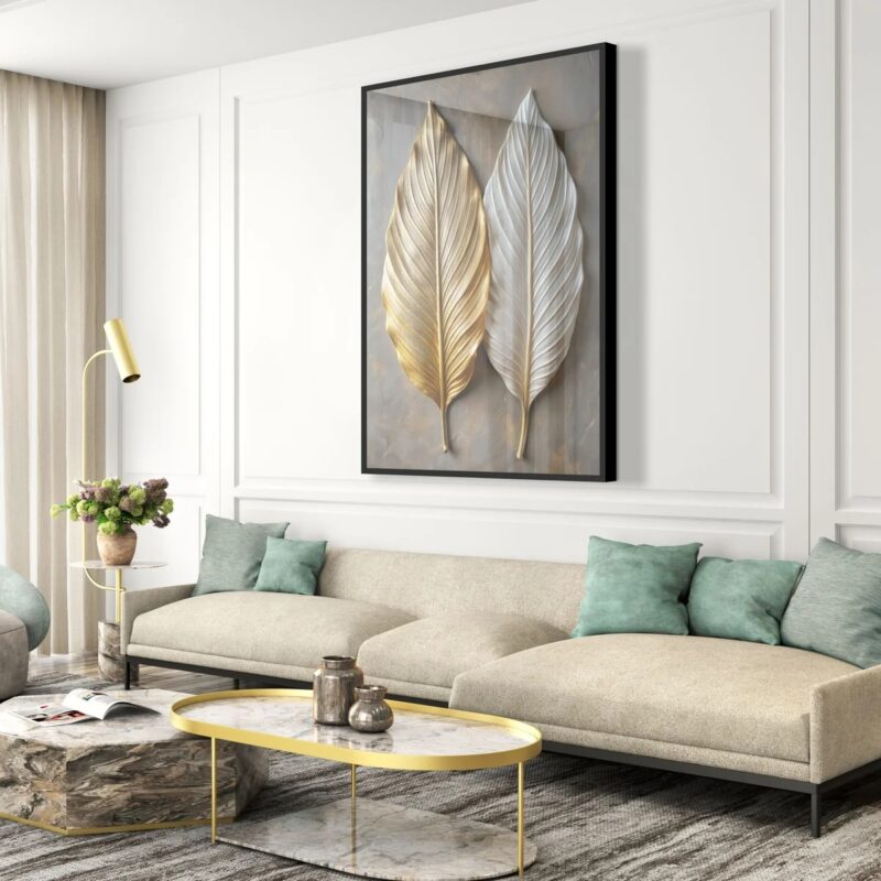 Quadro Folhas 3D Ouro e Preto - 70x50 Cm
