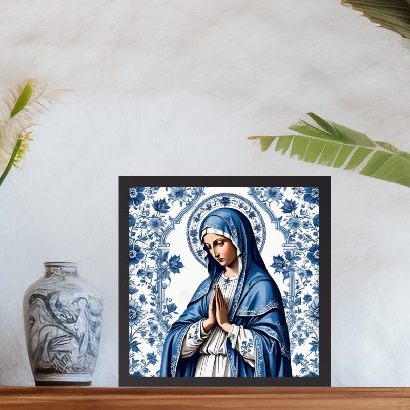 Quadro Nossa Senhora Azul e Branco Floral - 33x33 Cm