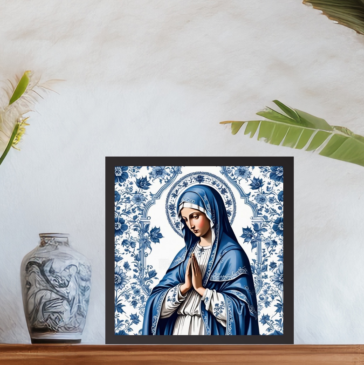 Quadro Nossa Senhora Azul e Branco Floral - 33x33 Cm