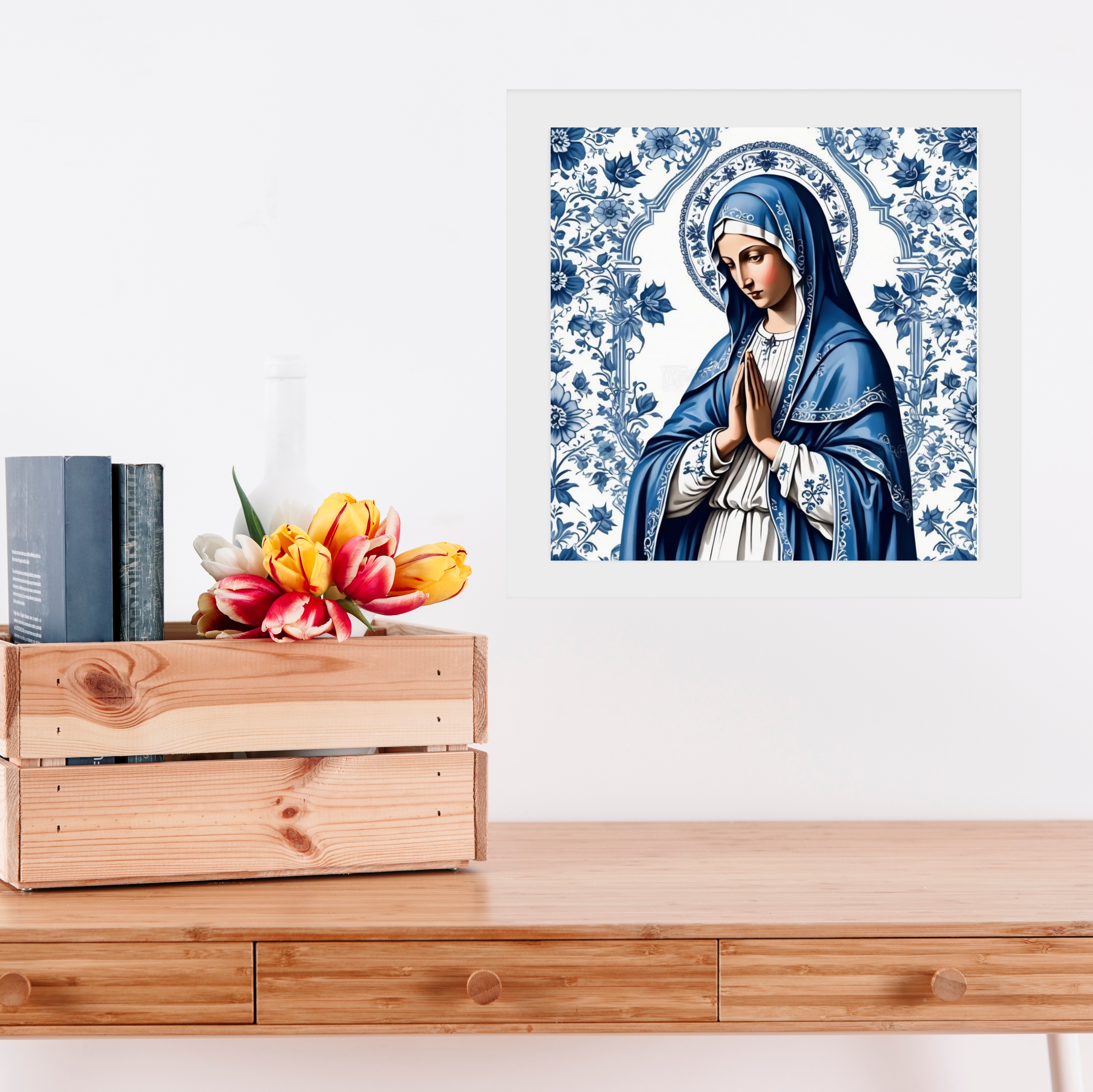 Quadro Nossa Senhora Azul e Branco Floral - 33x33 Cm b
