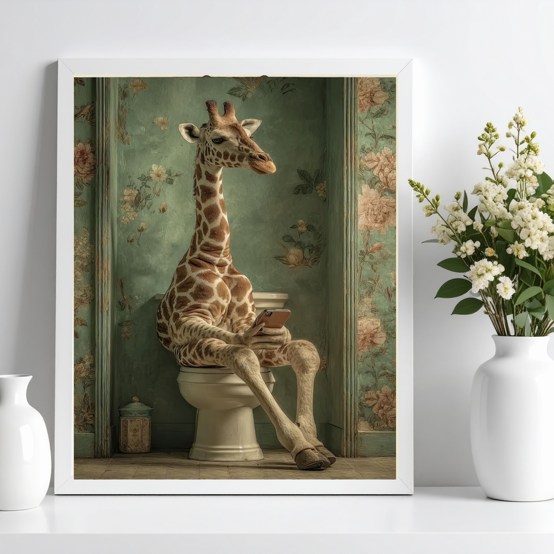 Quadro Banheiro Girafa No Vaso Com Celular b