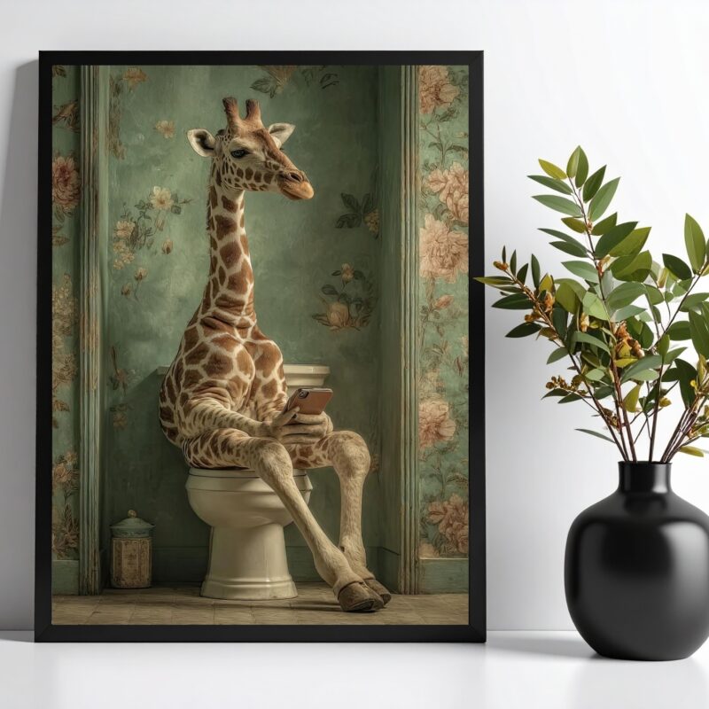 Quadro Banheiro Girafa No Vaso Com Celular