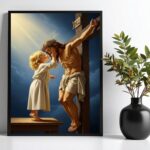 Quadro Criança Beijando Jesus Na Cruz