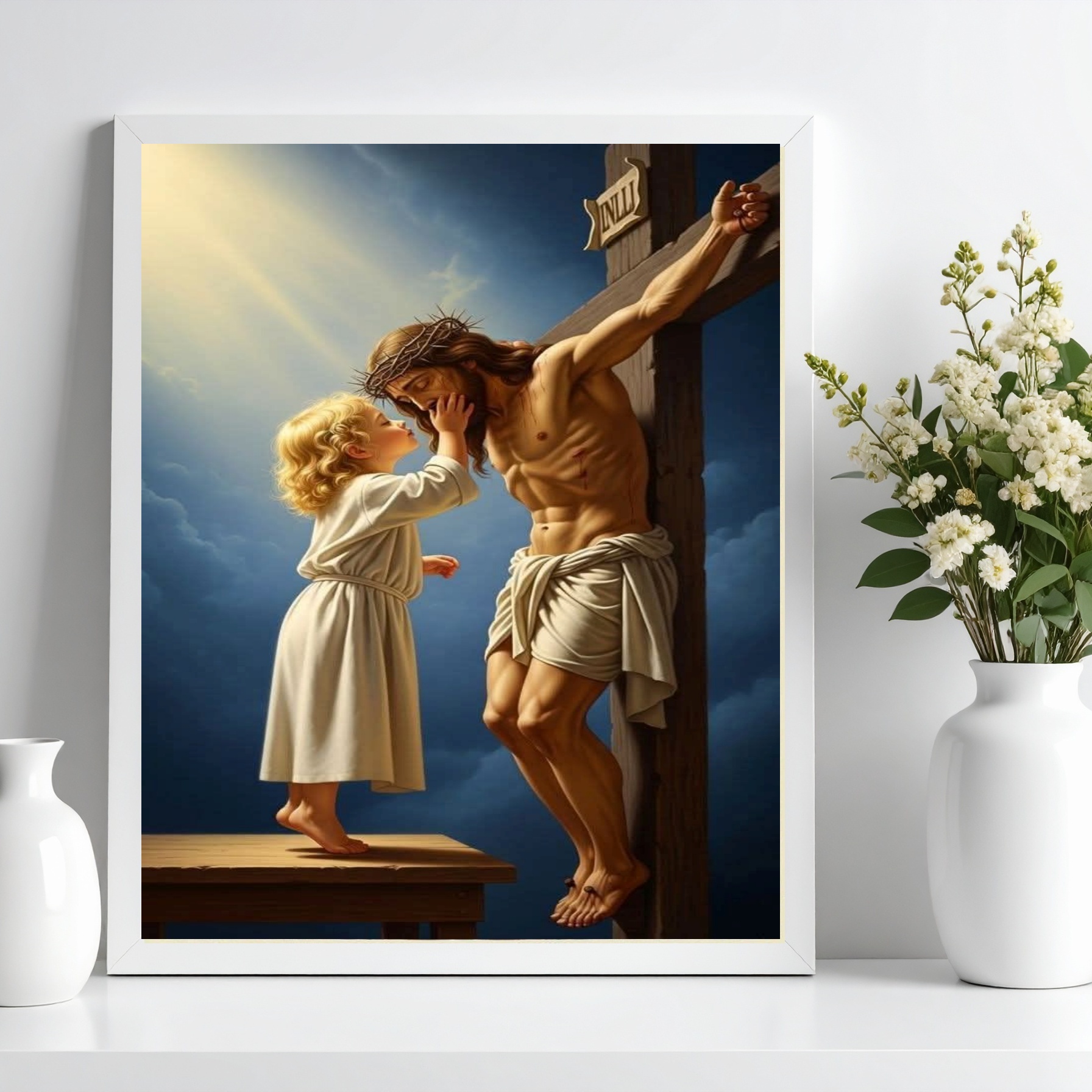 Quadro Criança Beijando Jesus Na Cruz b