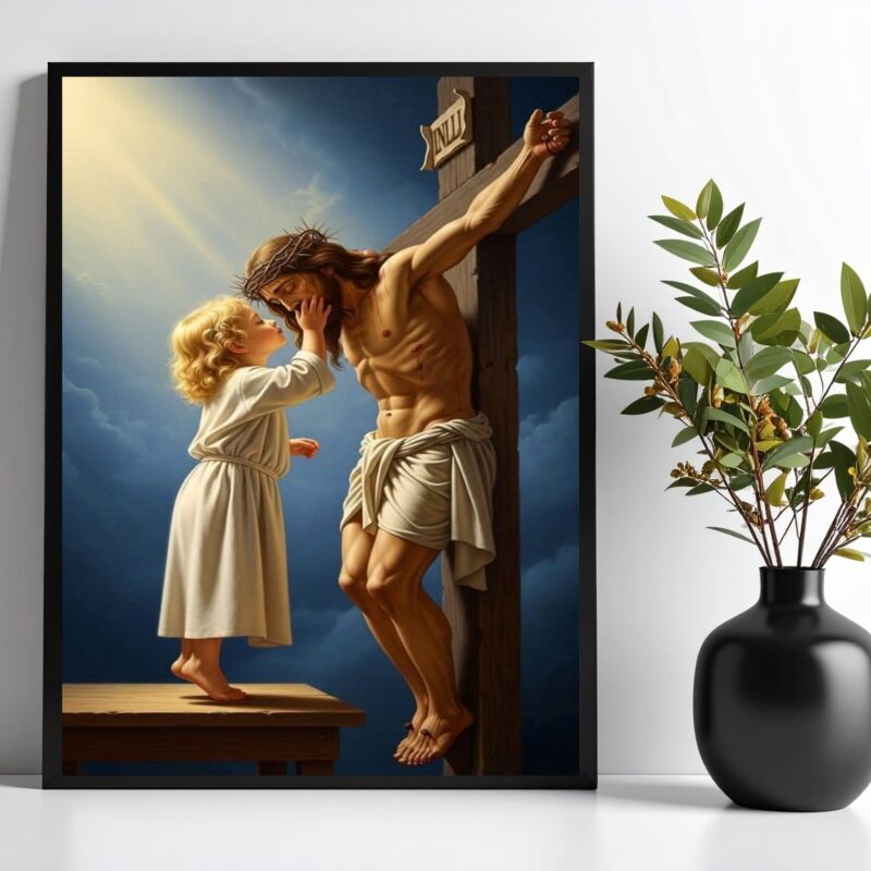 Quadro Criança Beijando Jesus Na Cruz