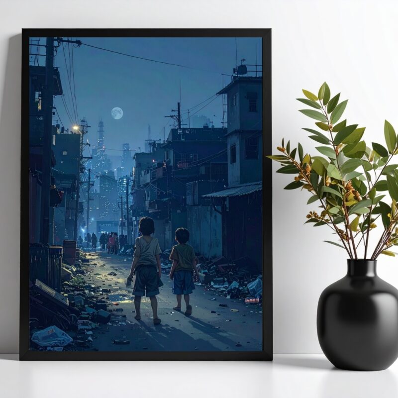 Quadro Crianças Na Favela a Noite