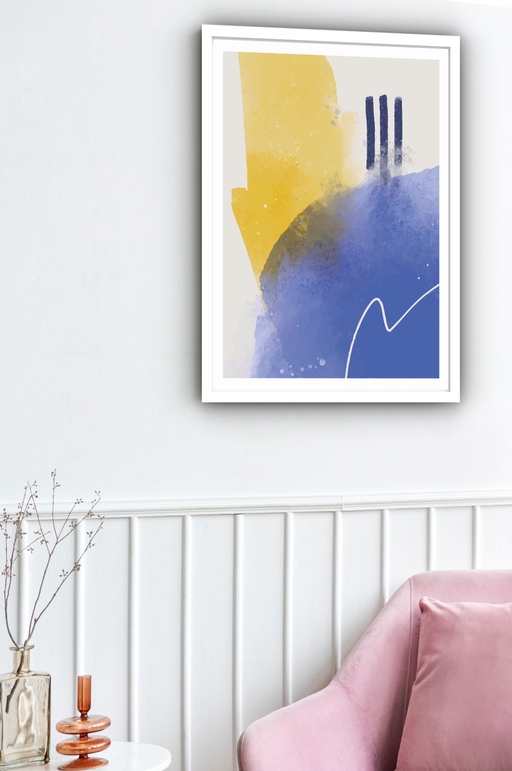 Quadro Decorativo Abstrato Amarelo Azul - 70x50 cm