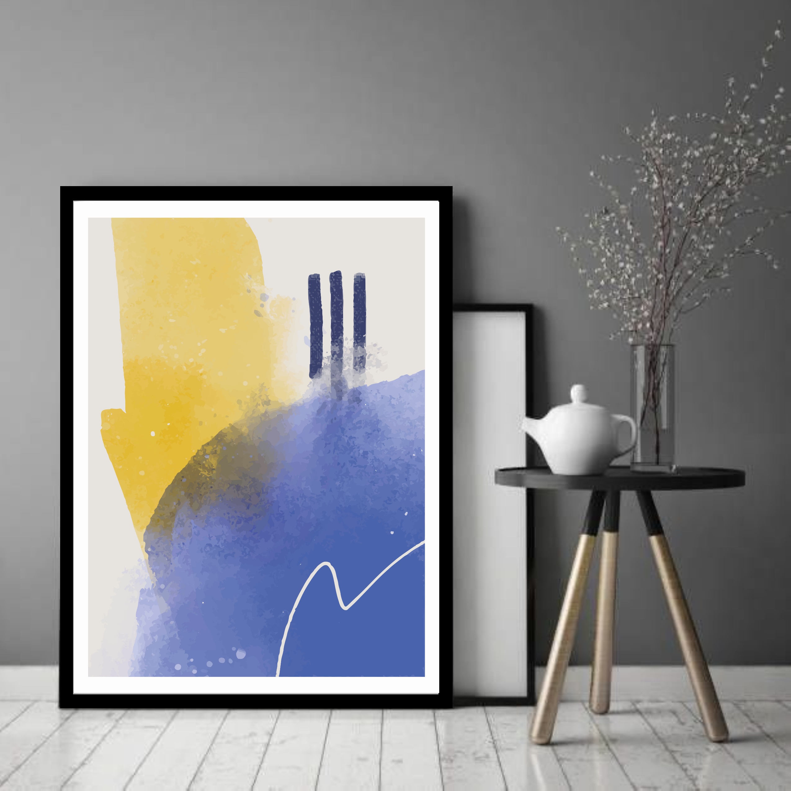 Quadro Decorativo Abstrato Amarelo Azul - 70x50 cm