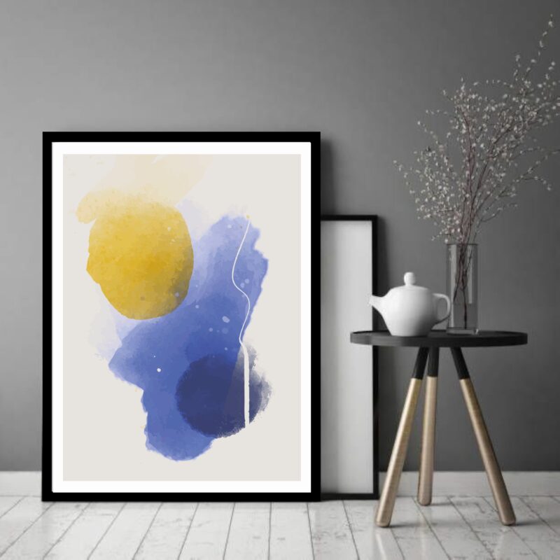 Quadro Decorativo Abstrato Amarelo Azul Formas - 70x50 cm