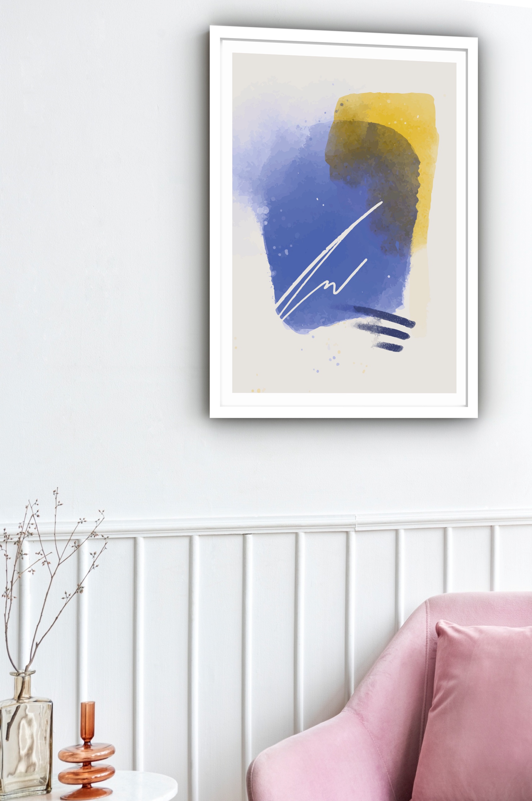 Quadro Decorativo Abstrato Azul Amarelo - 70x50 cm