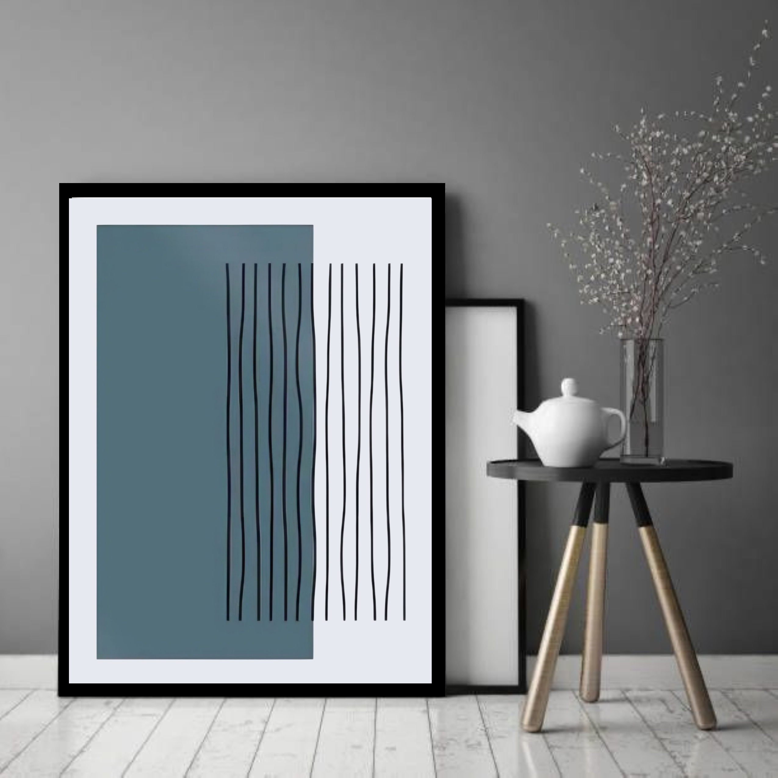 Quadro Decorativo Abstrato Azul Petróleo Linhas - 70x50 cm