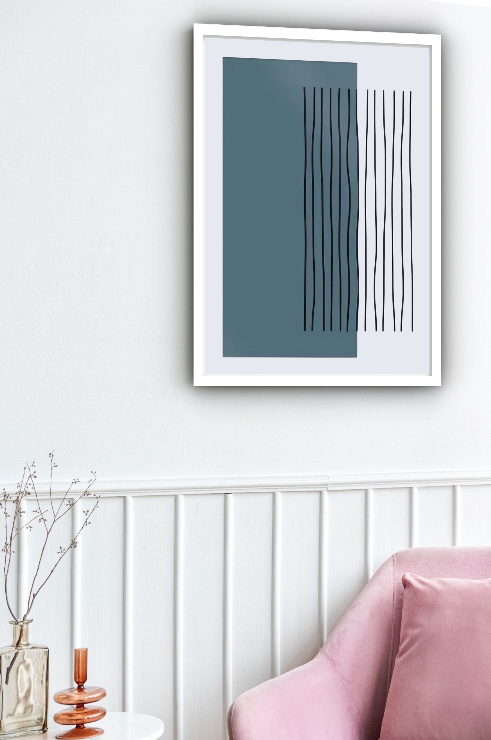 Quadro Decorativo Abstrato Azul Petróleo Linhas - 70x50 cm