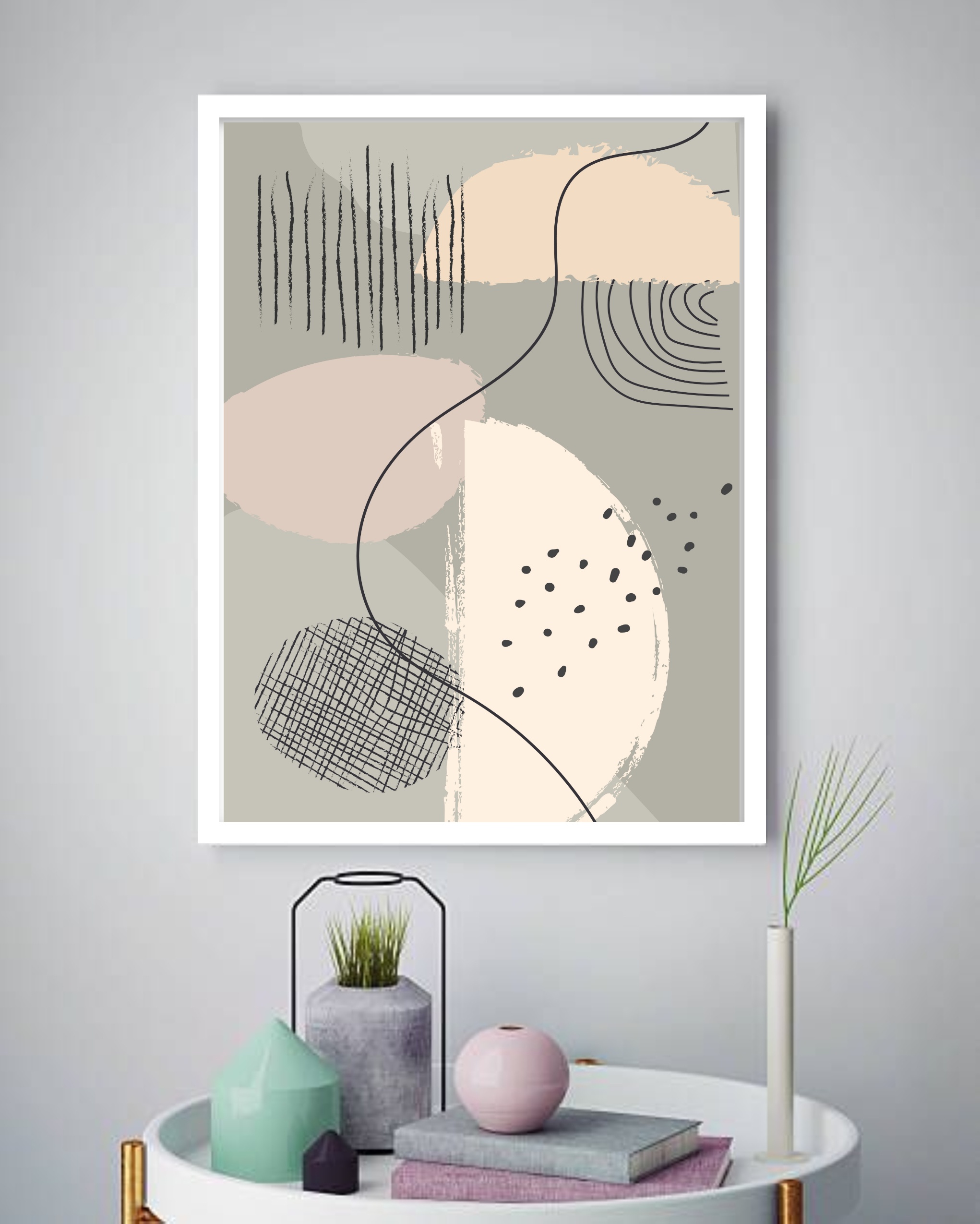 Quadro Decorativo Abstrato Bege Riscos Preto - 70x50 cm
