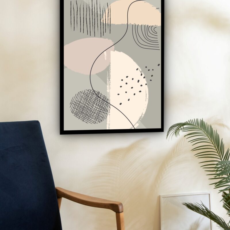 Quadro Decorativo Abstrato Bege Riscos Preto - 70x50 cm