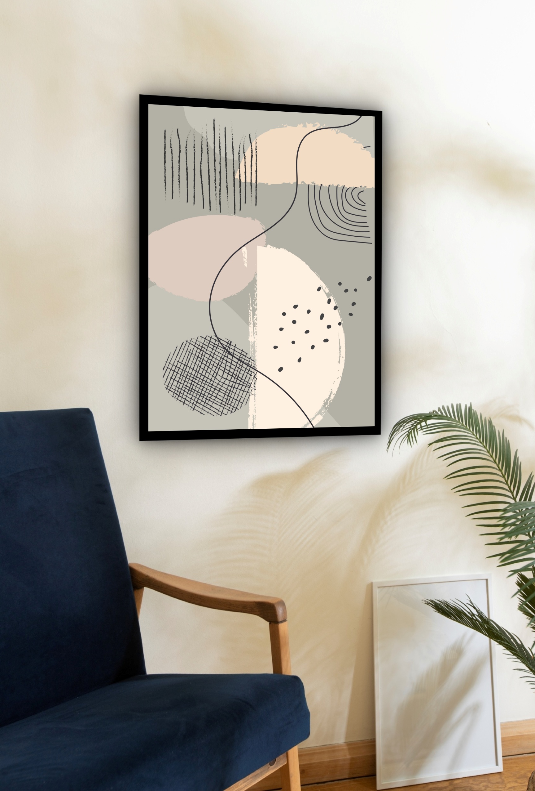 Quadro Decorativo Abstrato Bege Riscos Preto - 70x50 cm