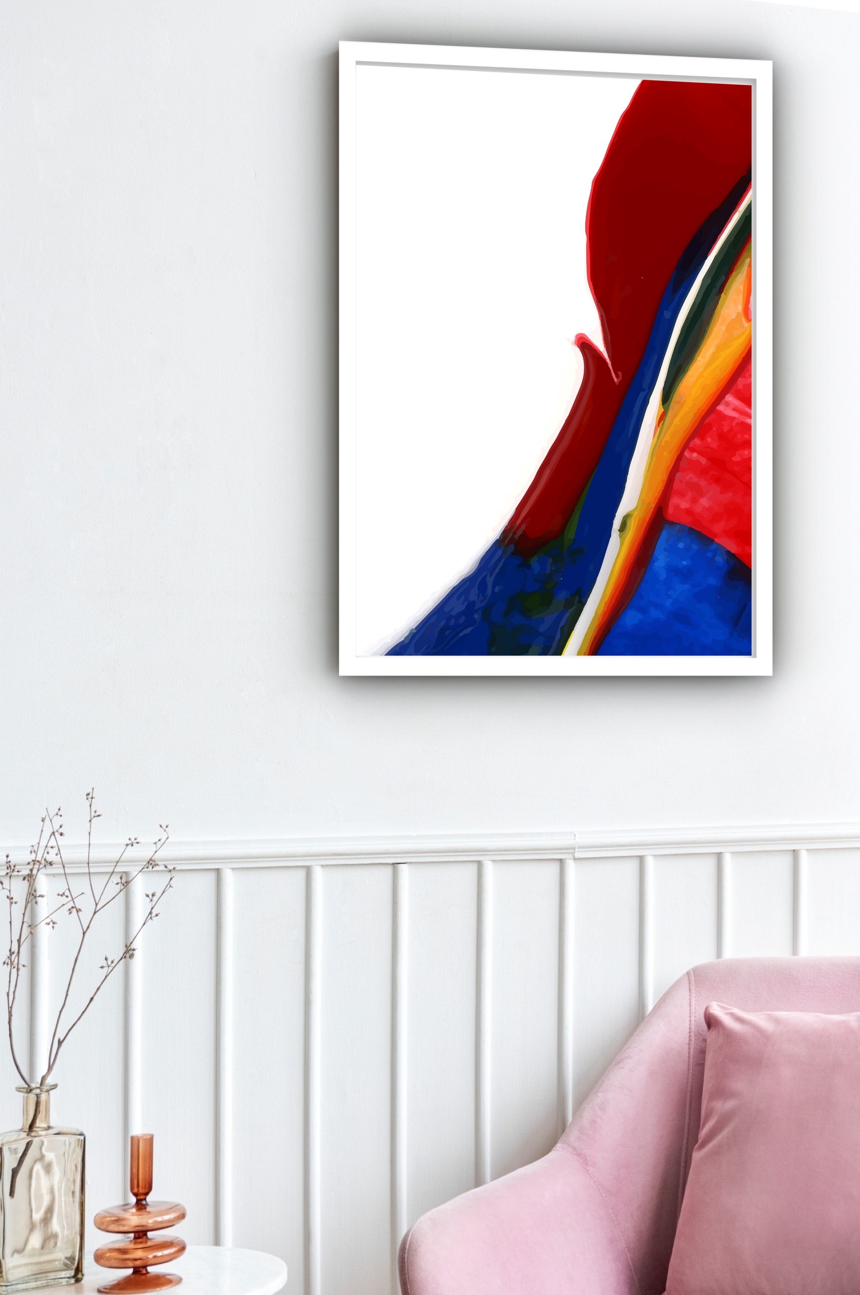 Quadro Decorativo Abstrato Branco Vermelho Azul - 70x50 cm