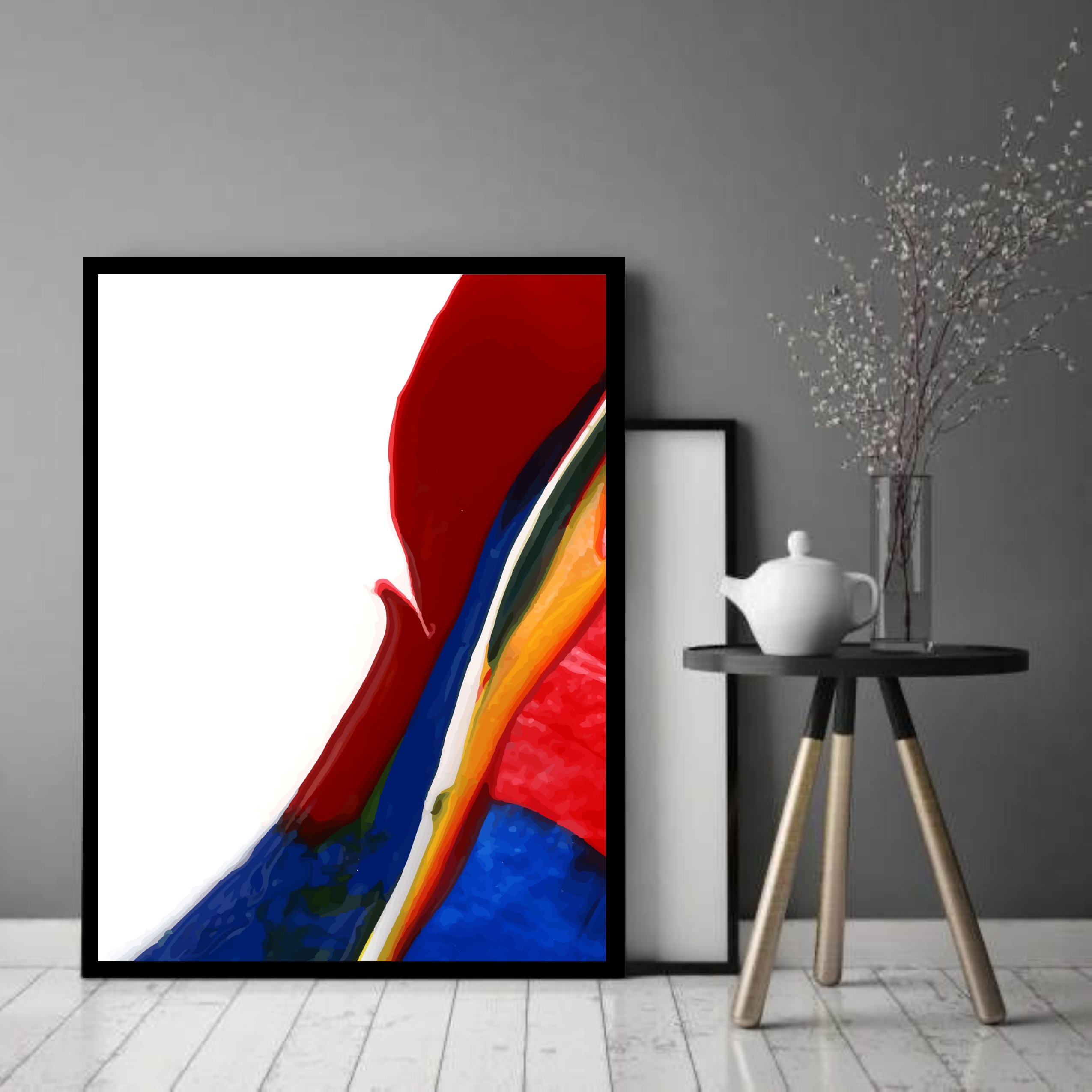 Quadro Decorativo Abstrato Branco Vermelho Azul - 70x50 cm