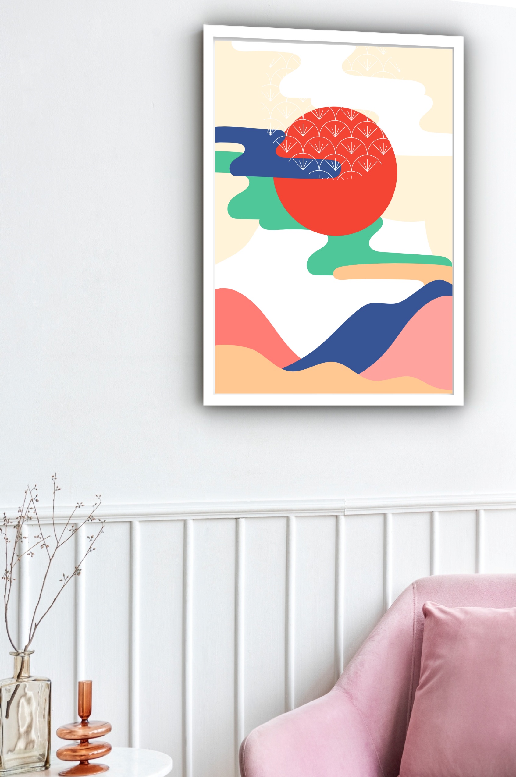 Quadro Decorativo Abstrato Cores Ondas Círculo - 70x50 cm