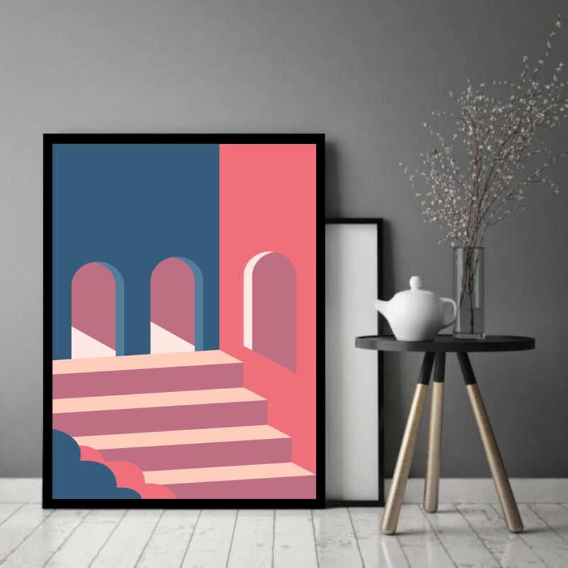 Quadro Decorativo Abstrato Escada Rosa Azul - 70x50 cm