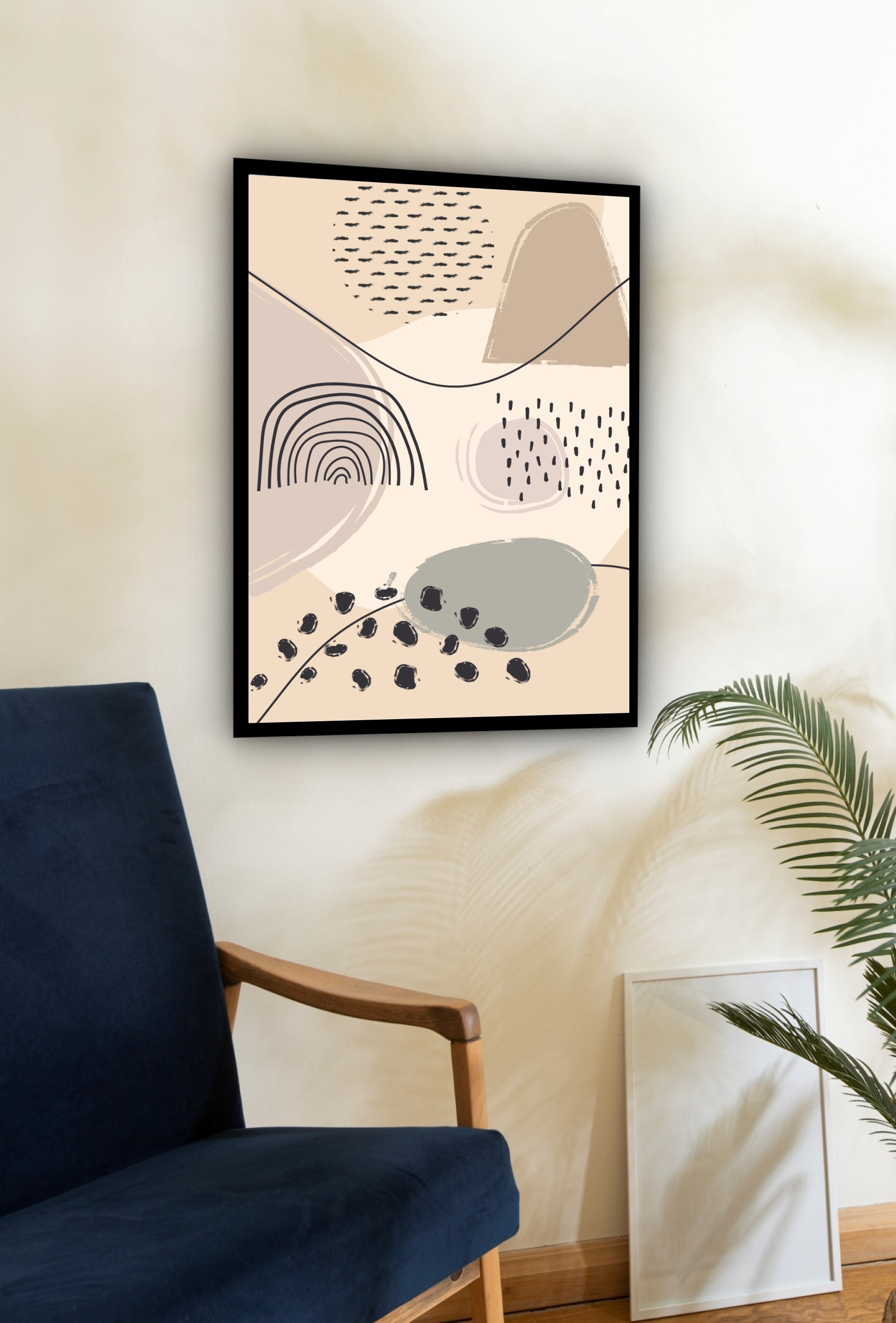 Quadro Decorativo Abstrato Formas Bege Preto - 70x50 cm