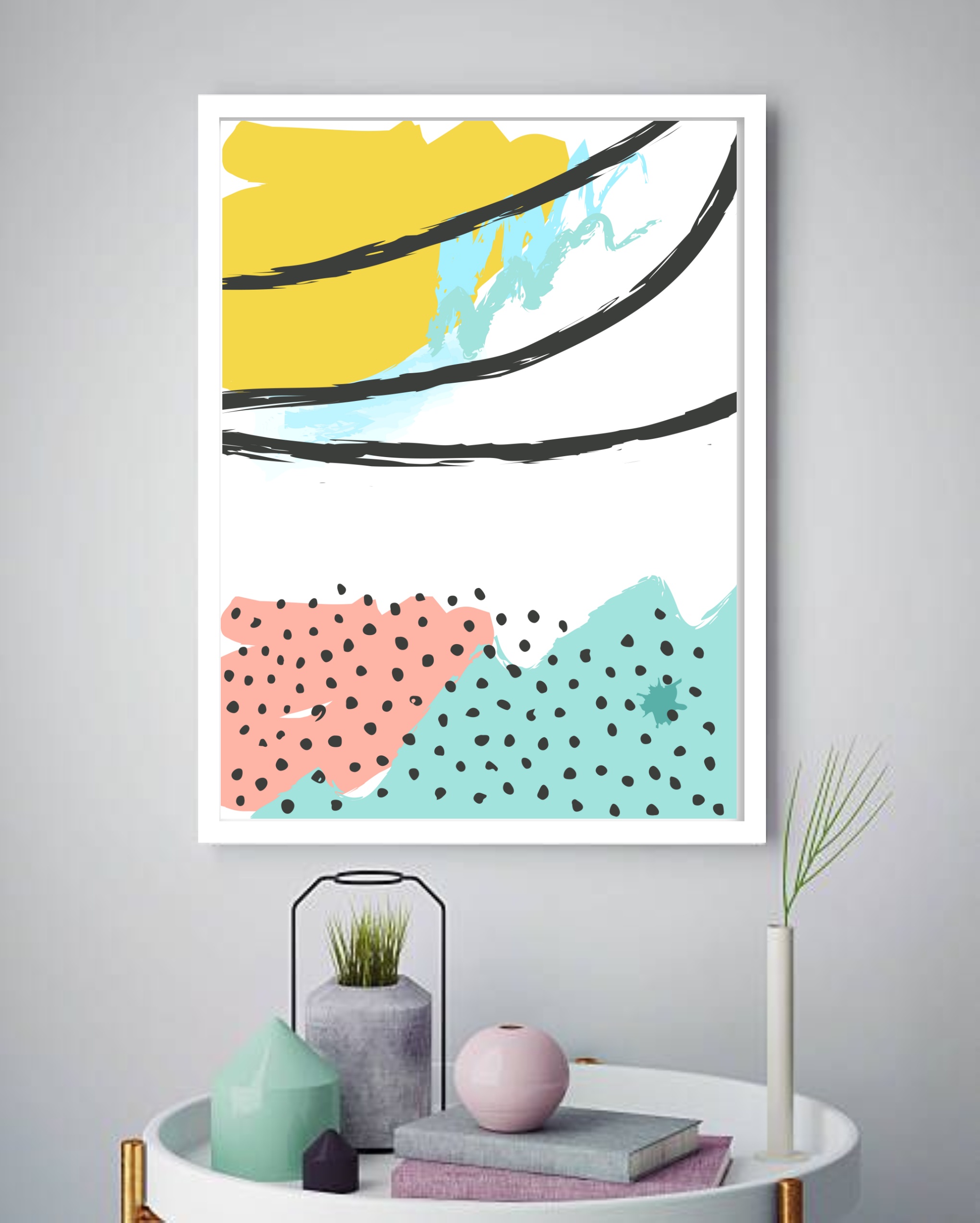Quadro Decorativo Abstrato Formas Branco Verde - 70x50 cm