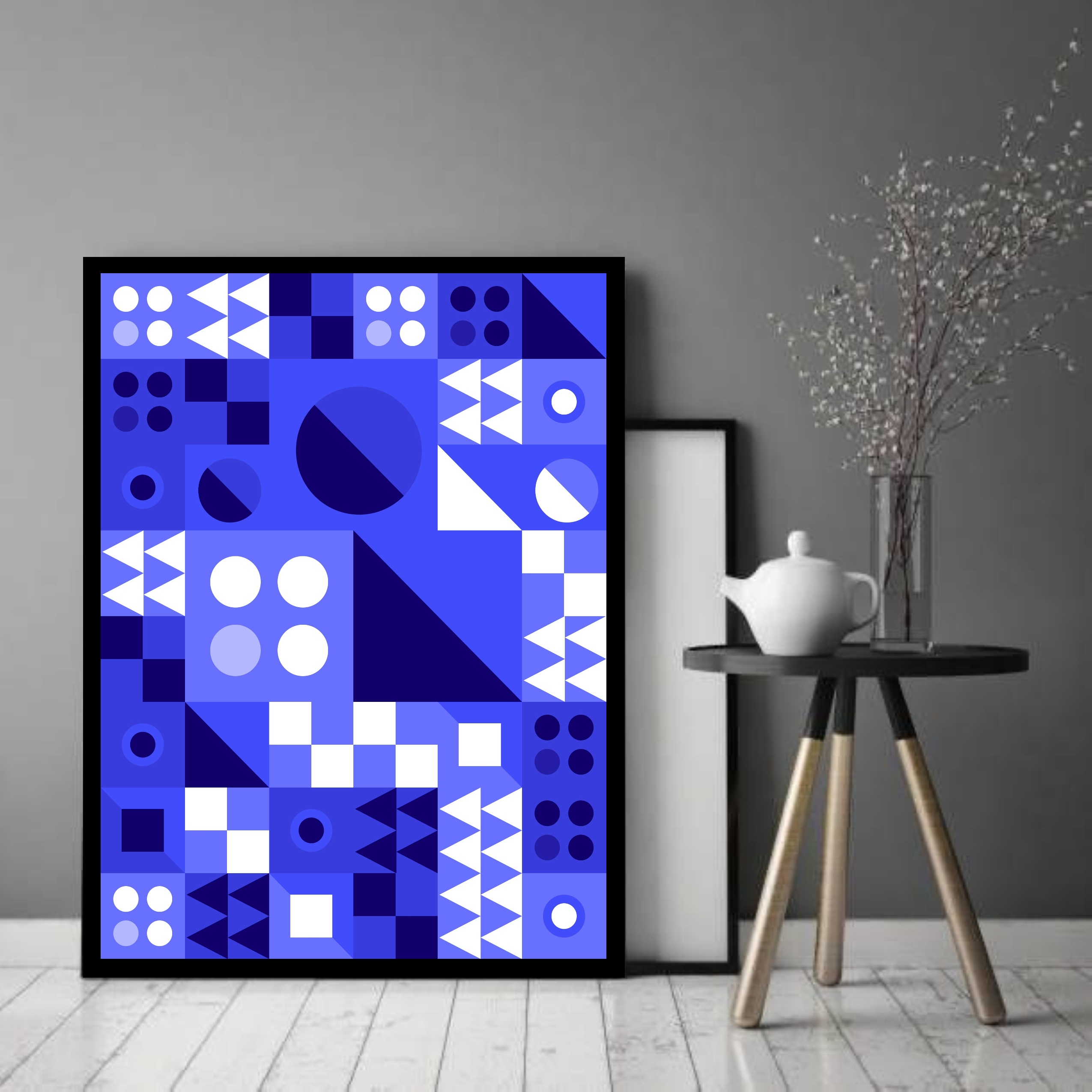 Quadro Decorativo Abstrato Geométrico Azul Branco - 70x50cm