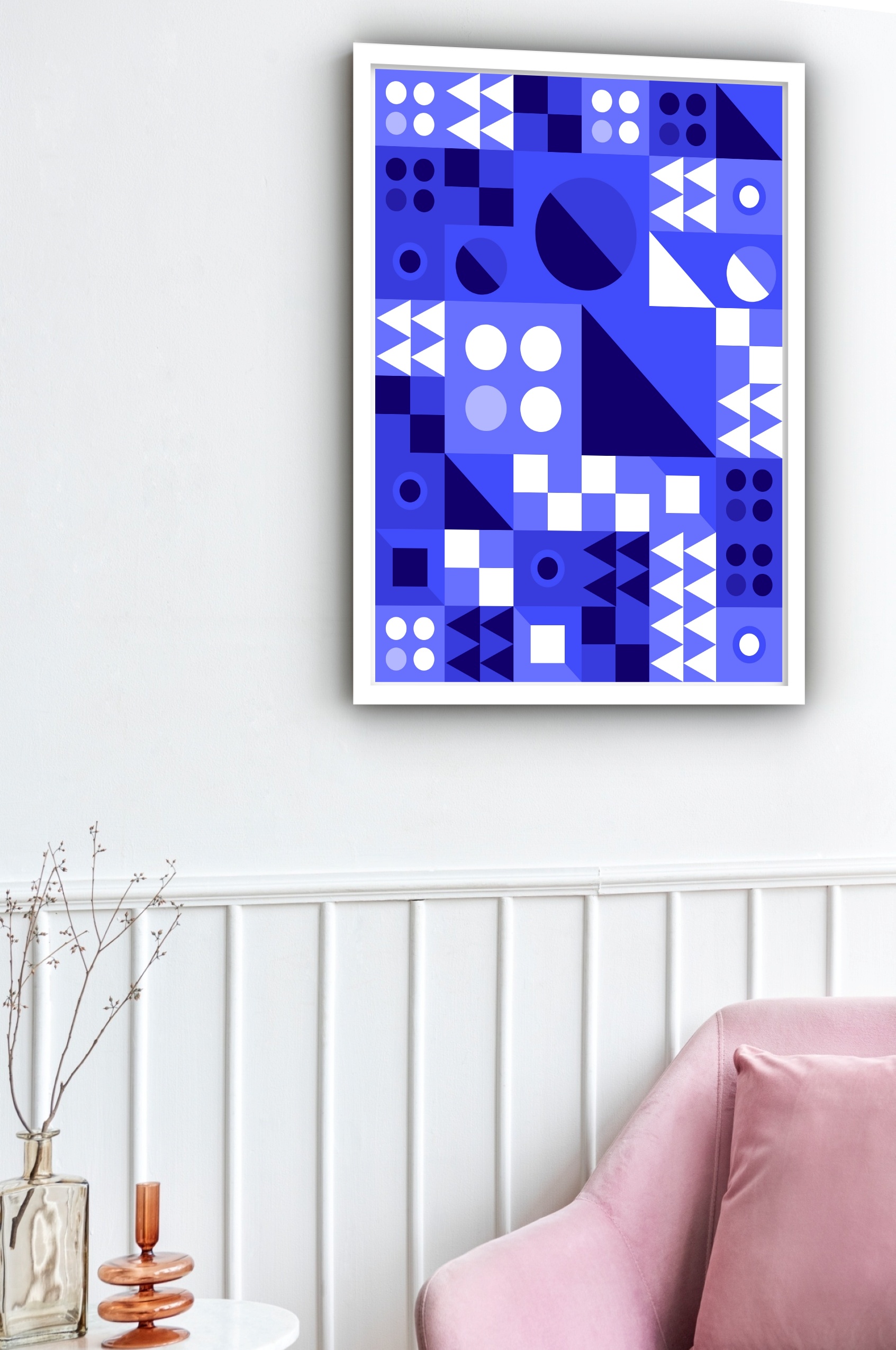 Quadro Decorativo Abstrato Geométrico Azul Branco - 70x50cm