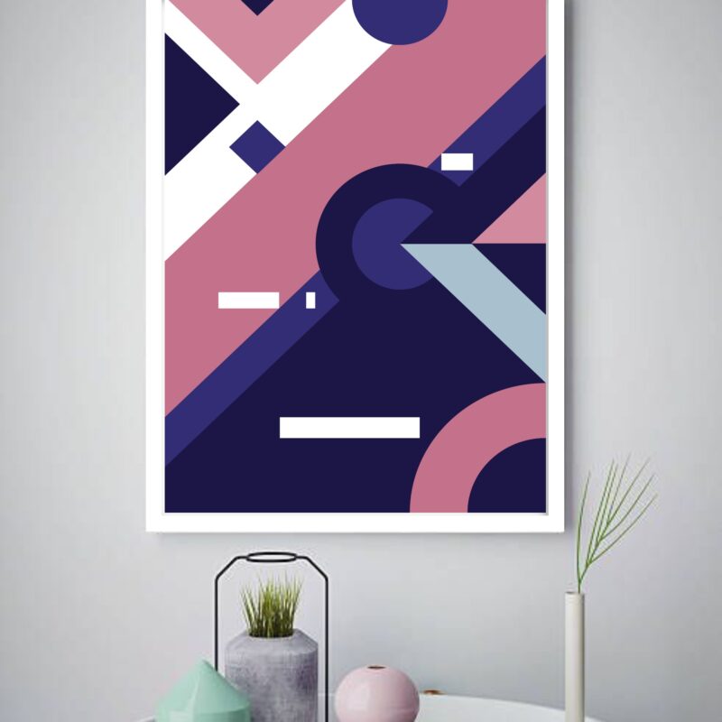 Quadro Decorativo Abstrato Geométrico Azul Rosa - 70x50 cm
