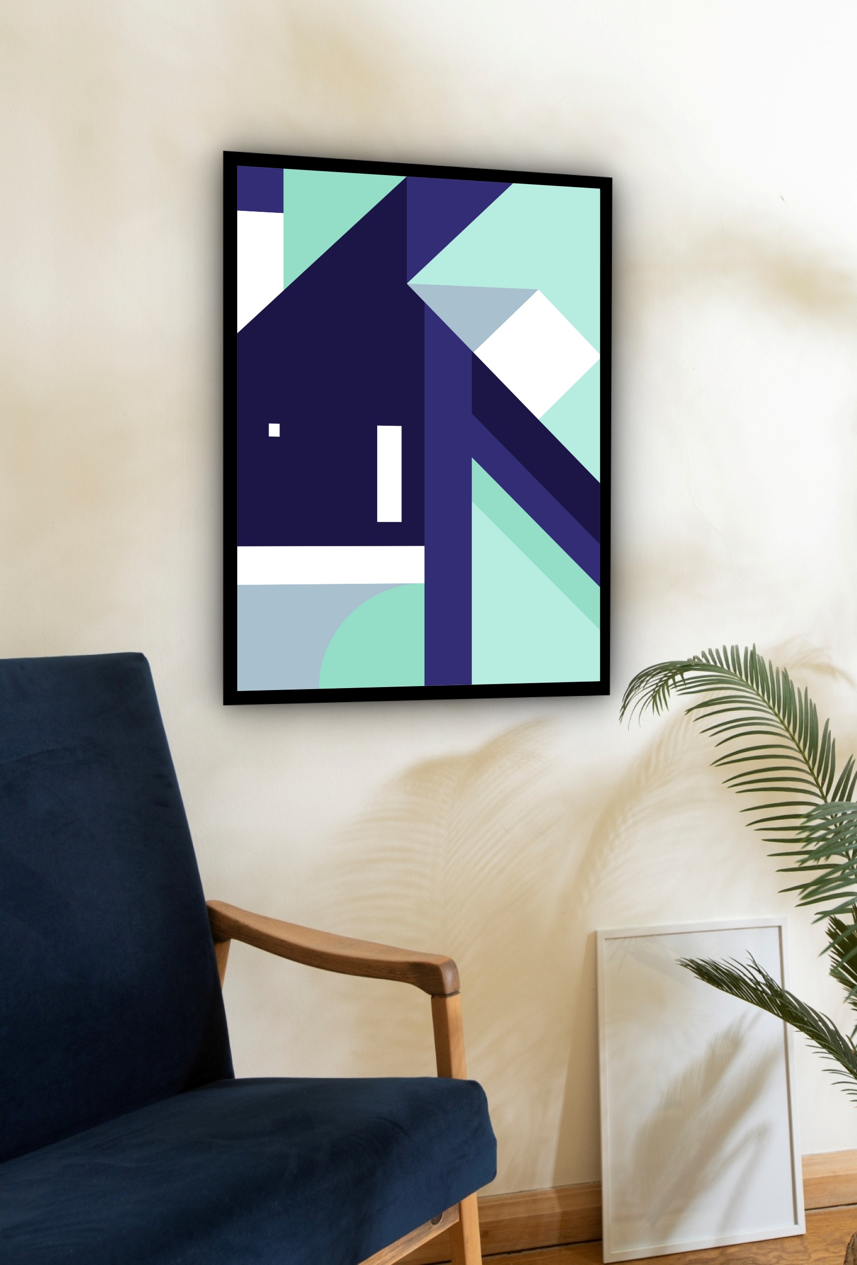 Quadro Decorativo Abstrato Geométrico Azul Verde - 70x50 cm
