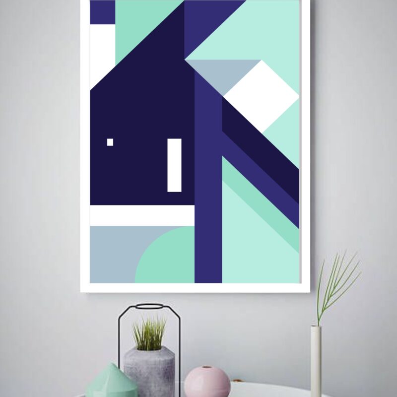Quadro Decorativo Abstrato Geométrico Azul Verde - 70x50 cm